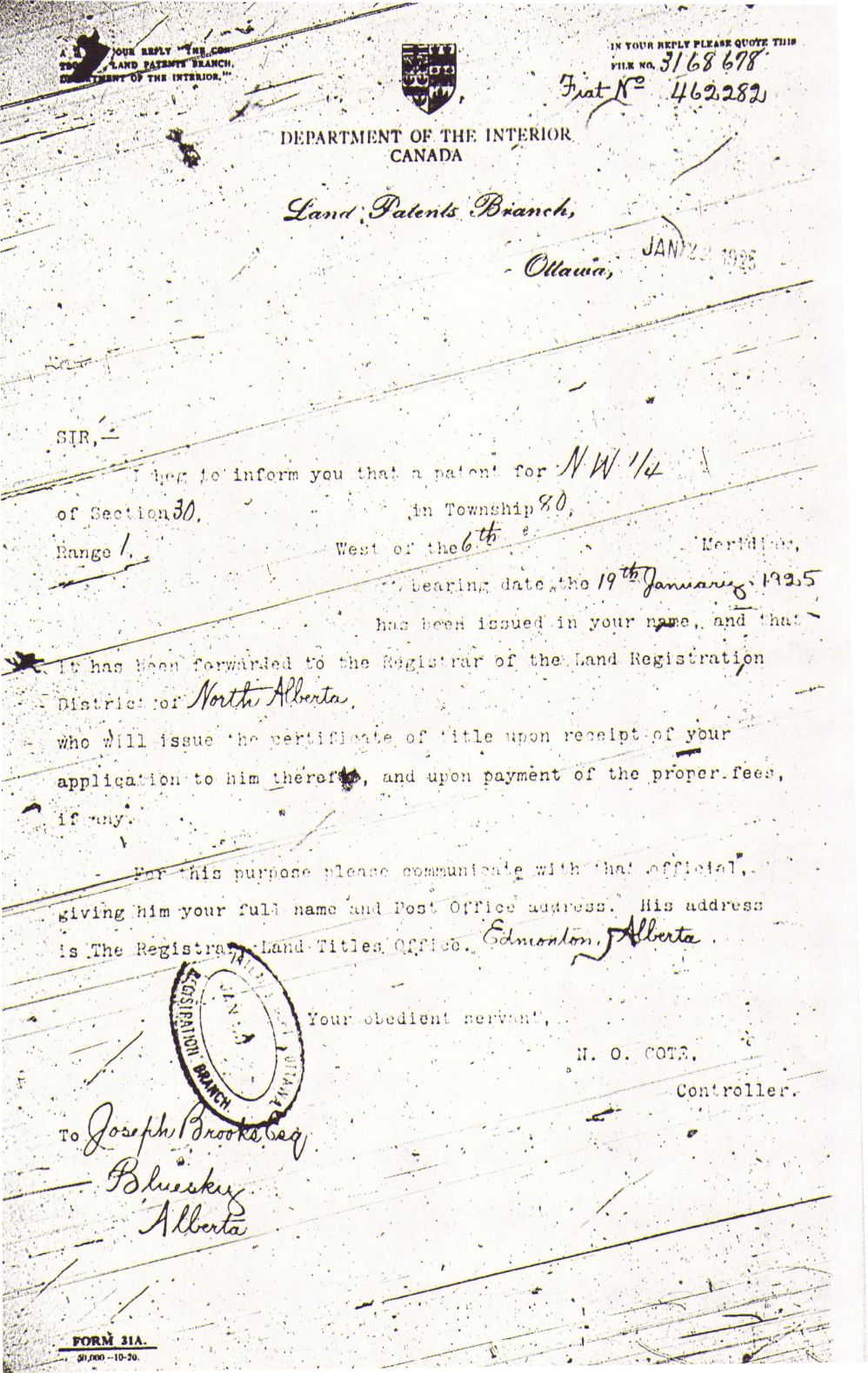 Provincial Archives of Alberta File 3168678 - Joseph Brooks -Dept of Interior Land Patent